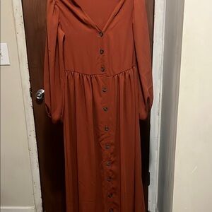 Elegant Rust Button-Down Maxi Dress